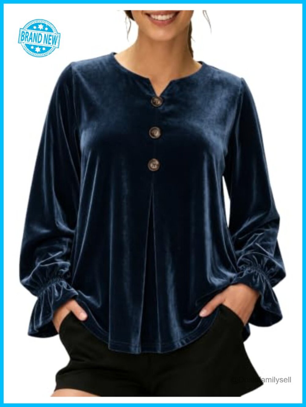 Velvet Long Sleeve Split Notch V-Neck Tunic Blouse